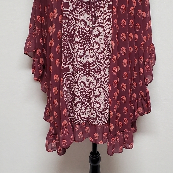 FREE People Marla Dreams Red Paisley Boho Flutter Sleeve Mini Kaftan Dress XS - Picture 5 of 12